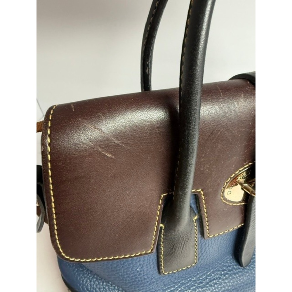 Dooney & Bourke Navy Blue Pebbled Leather Elisa Satchel Brown Trim J10831022 - Picture 5 of 16